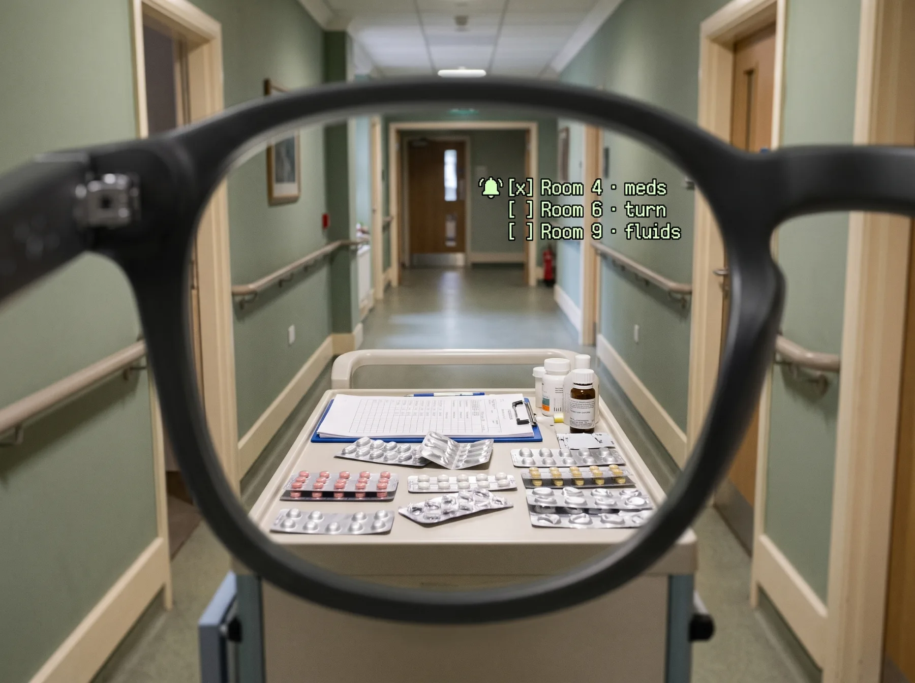 Through the lens: a medication reminder checklist linked to a blister pack on a trolley