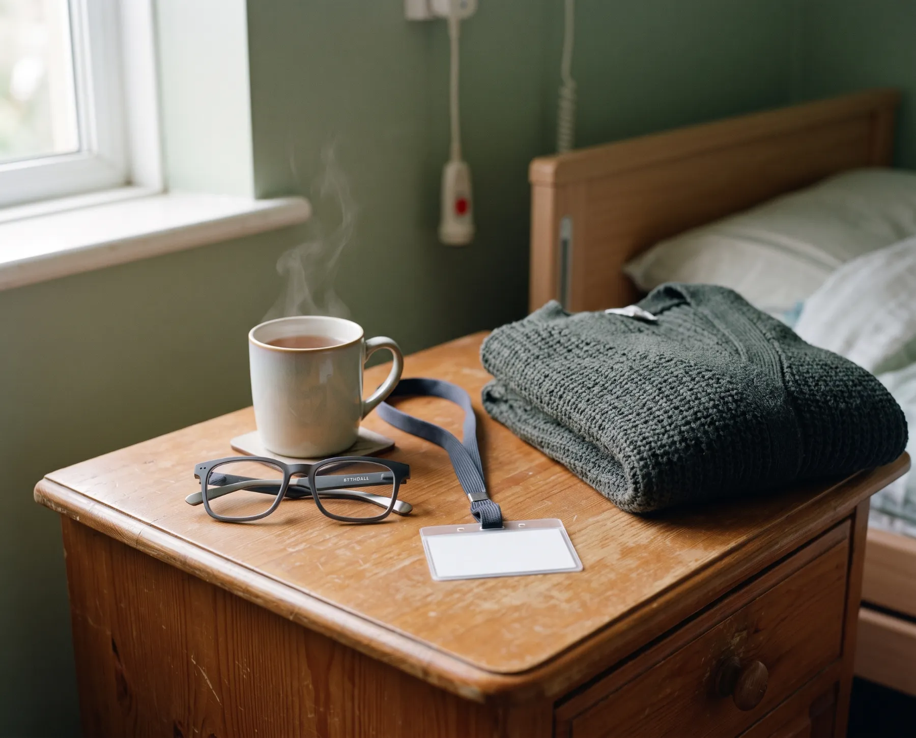 Bythdall glasses folded on a care home bedside table beside a cup of tea, a lanyard and a cardigan