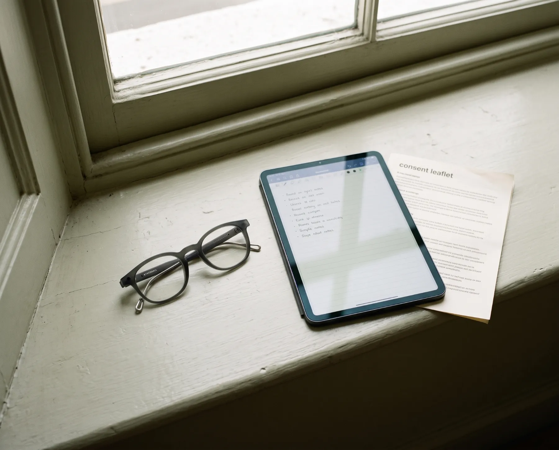 Bythdall glasses on a windowsill beside a tablet of notes and a consent leaflet